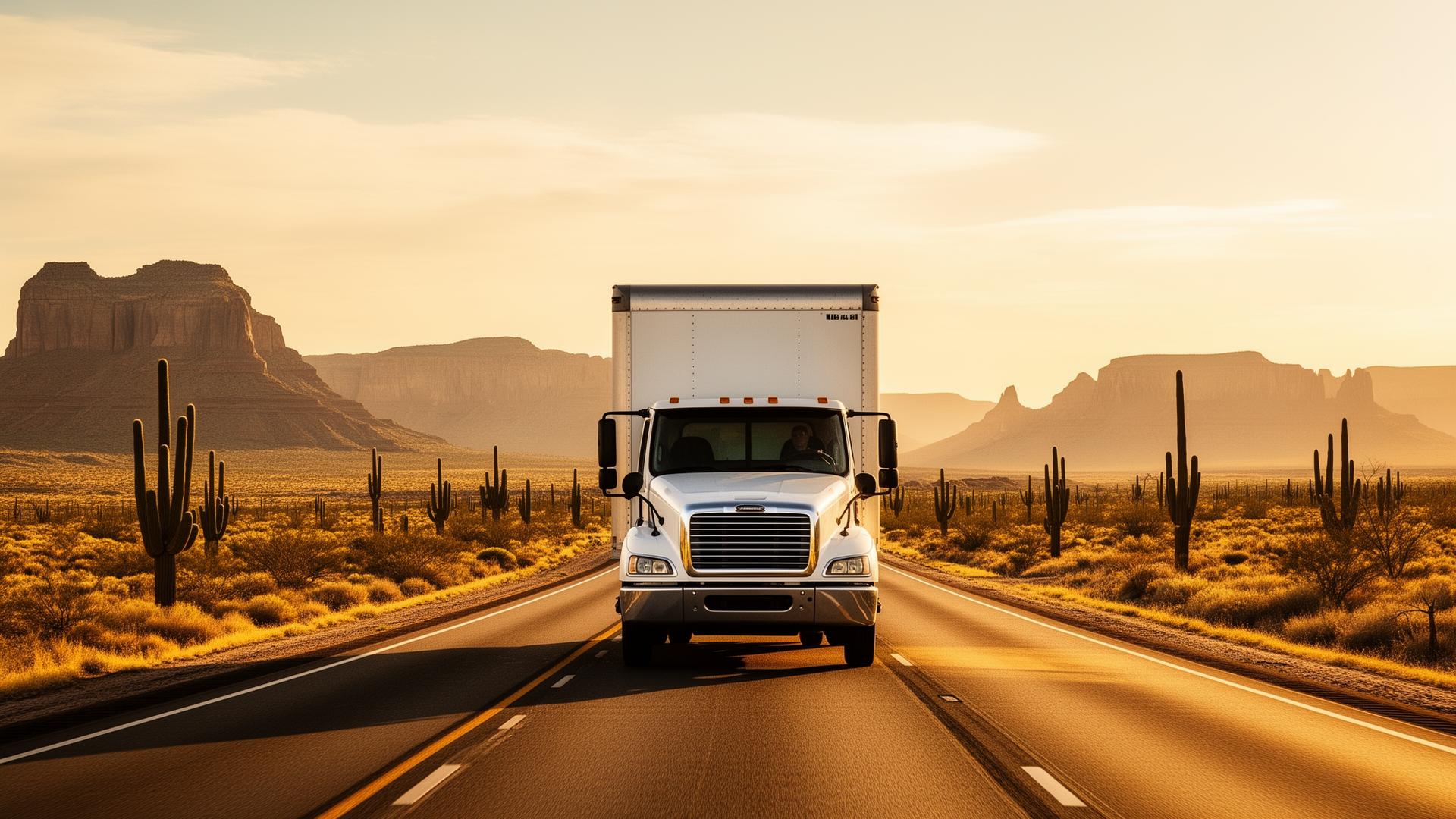 Unbranded moving truck on a Southwestern US interstate with desert mesas and saguaro cactus on the route from California to Texas